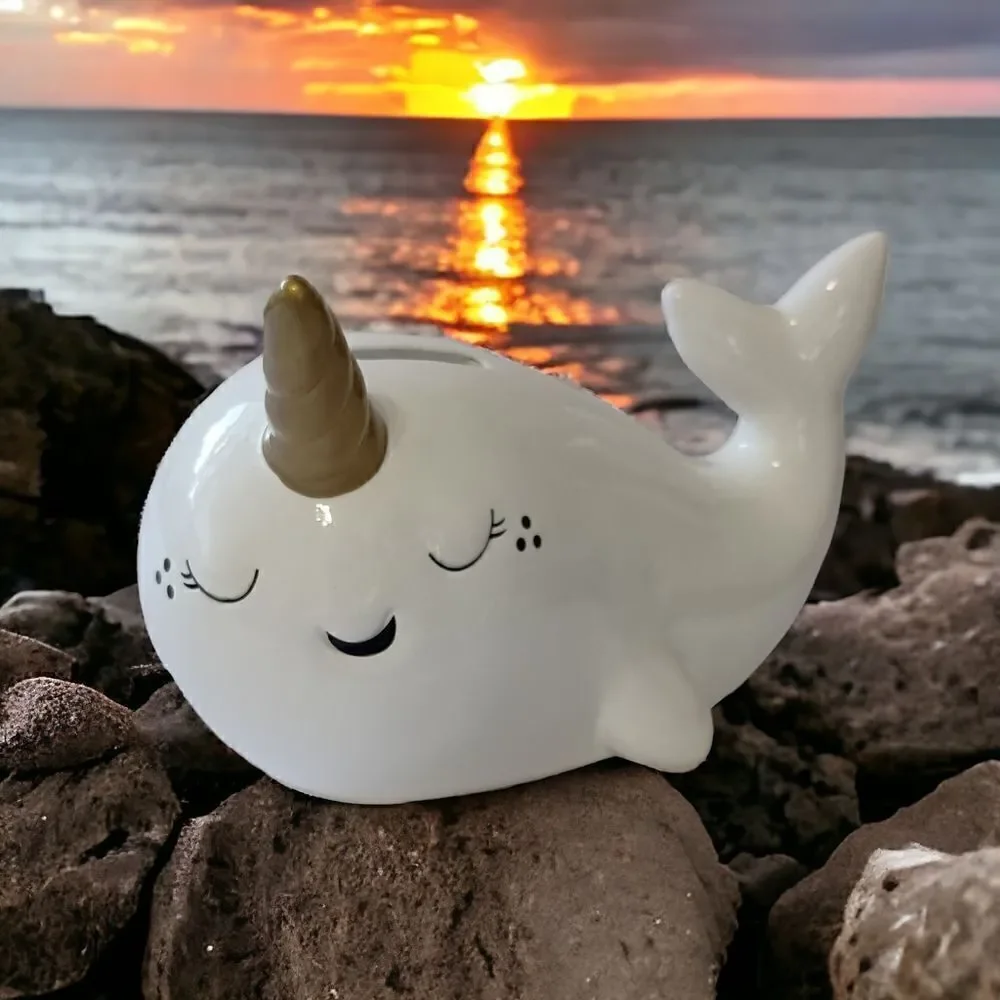 Target‎ Narwhal Bank Ceramic White Pillowfort Piggy Coin Figurine Coastal Beach.